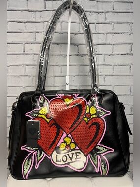 NWT Ed Hardy Black Love Tote with Red Heart Trio and Pink Accents